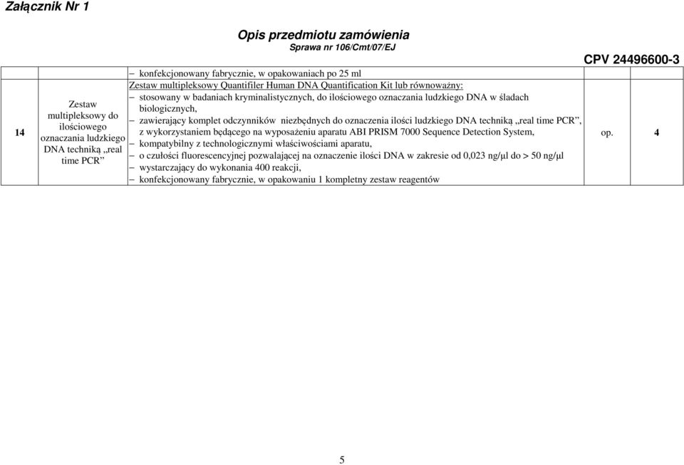 ludzkiego DNA techniką real time PCR, z wykorzystaniem będącego na wyposażeniu aparatu ABI PRISM 7000 Sequence Detection System, kompatybilny z technologicznymi właściwościami aparatu, o czułości