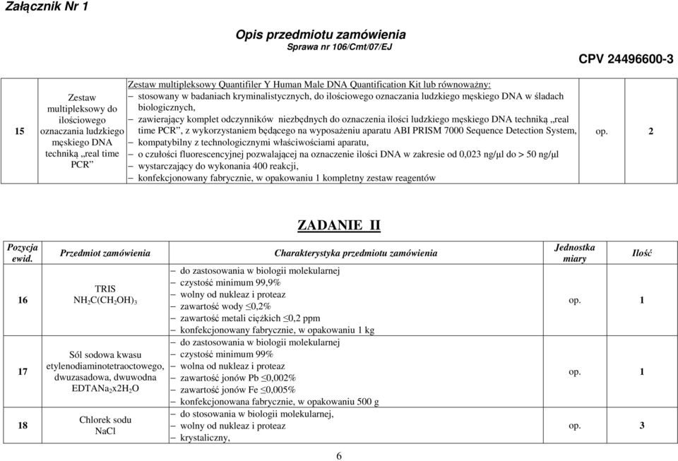 techniką real time PCR, z wykorzystaniem będącego na wyposażeniu aparatu ABI PRISM 7000 Sequence Detection System, kompatybilny z technologicznymi właściwościami aparatu, o czułości fluorescencyjnej