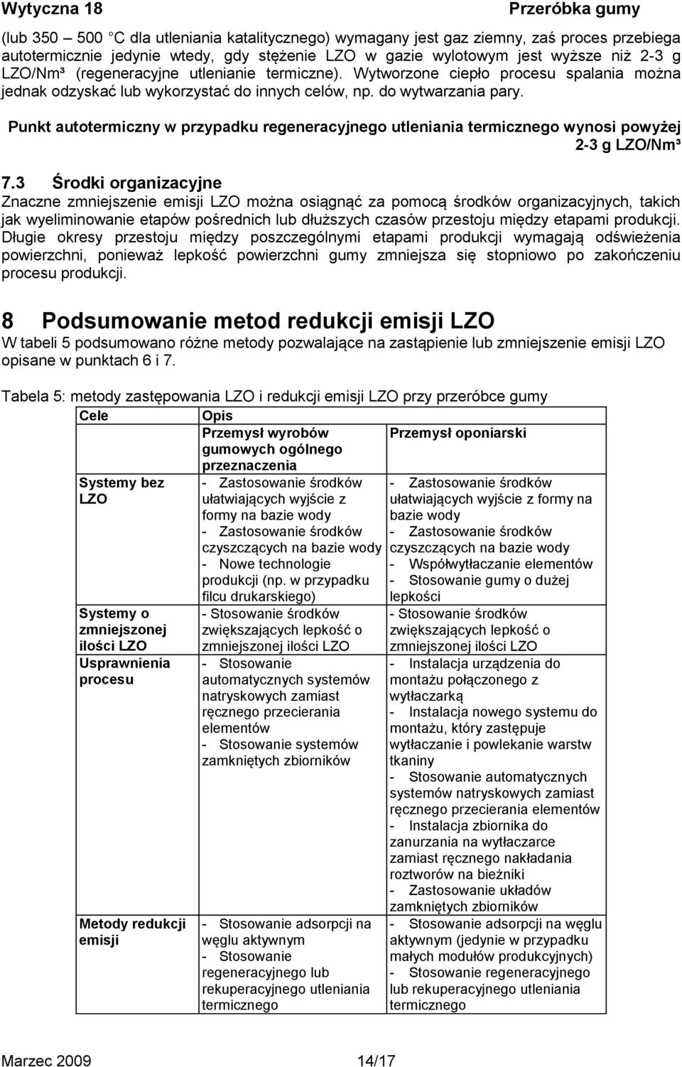 Punkt autotermiczny w przypadku regeneracyjnego utleniania termicznego wynosi powyżej 2-3 g LZO/Nm³ 7.