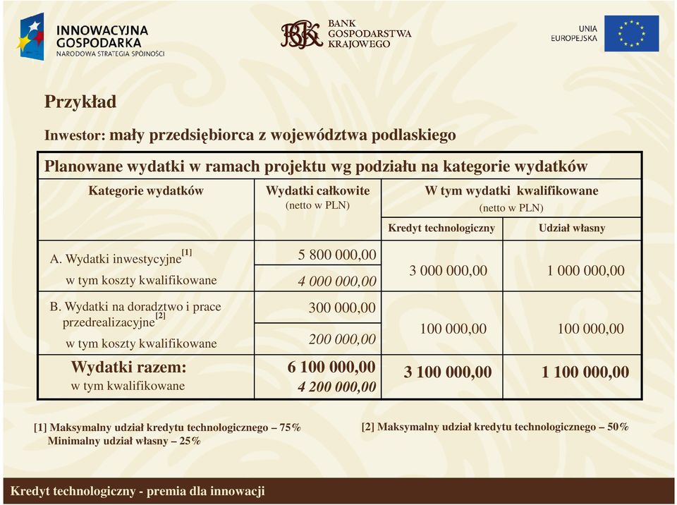 Wydatki na doradztwo i prace [2] przedrealizacyjne 300 000,00 w tym koszty kwalifikowane 200 000,00 Wydatki razem: 6 100 000,00 w tym kwalifikowane 4 200 000,00 3 000 000,00 100