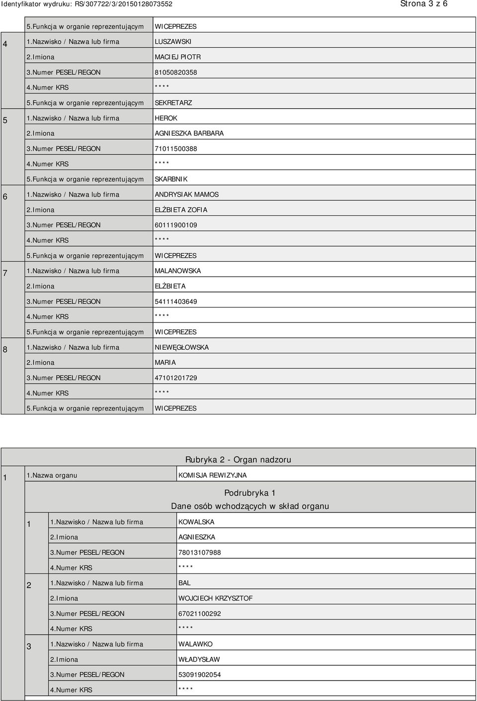Numer PESEL/REGON 54111403649 8 1.Nazwisko / Nazwa lub firma NIEWĘGŁOWSKA MARIA 3.Numer PESEL/REGON 47101201729 Rubryka 2 - Organ nadzoru 1 1.
