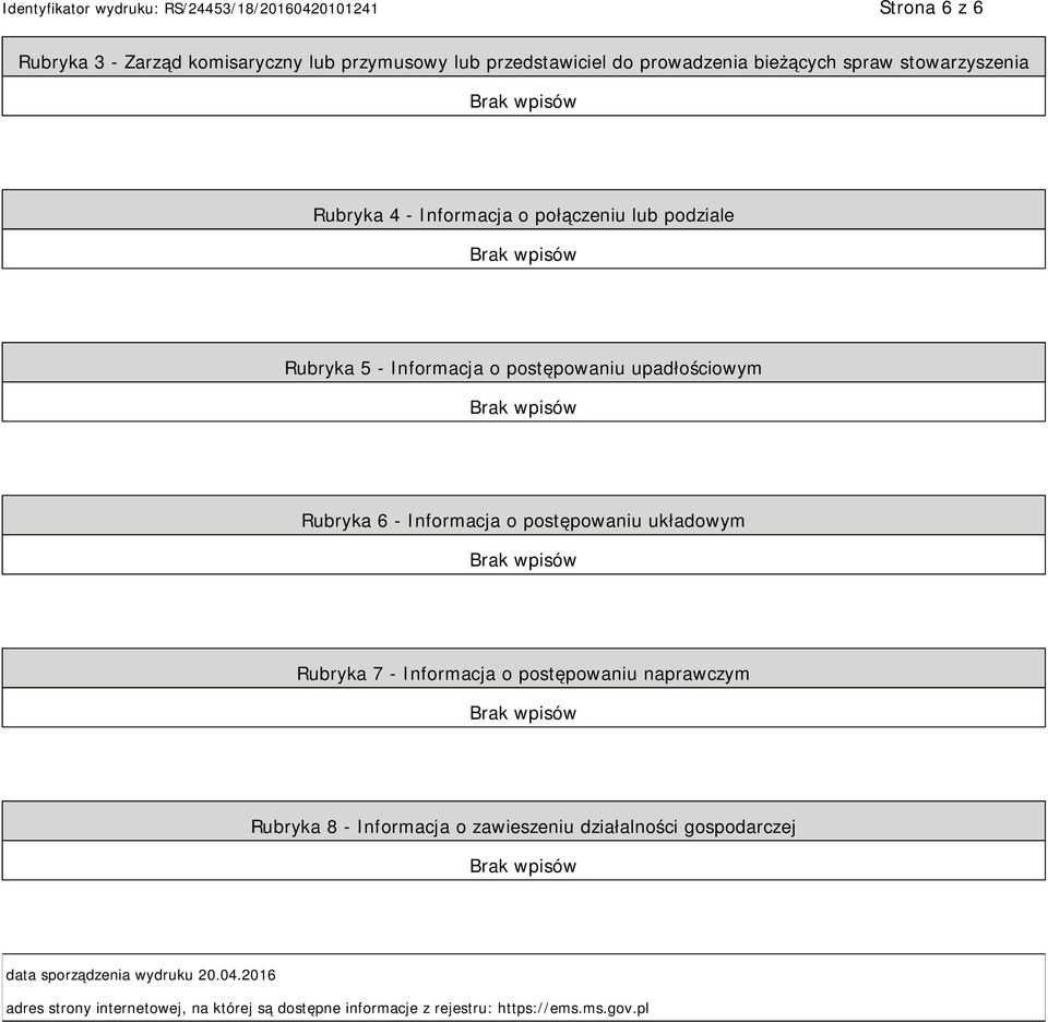 postępowaniu układowym Rubryka 7 - Informacja o postępowaniu naprawczym Rubryka 8 - Informacja o zawieszeniu działalności