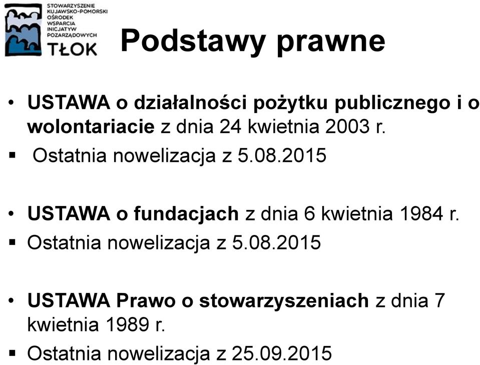 2015 USTAWA o fundacjach z dnia 6 kwietnia 1984 r. Ostatnia nowelizacja z 5.