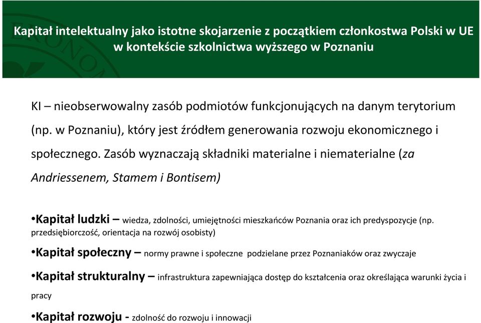 Zasób wyznaczająskładniki materialne i niematerialne (za Andriessenem, Stamem i Bontisem) Kapitałludzki wiedza, zdolności, umiejętności mieszkańców Poznania oraz ich predyspozycje (np.