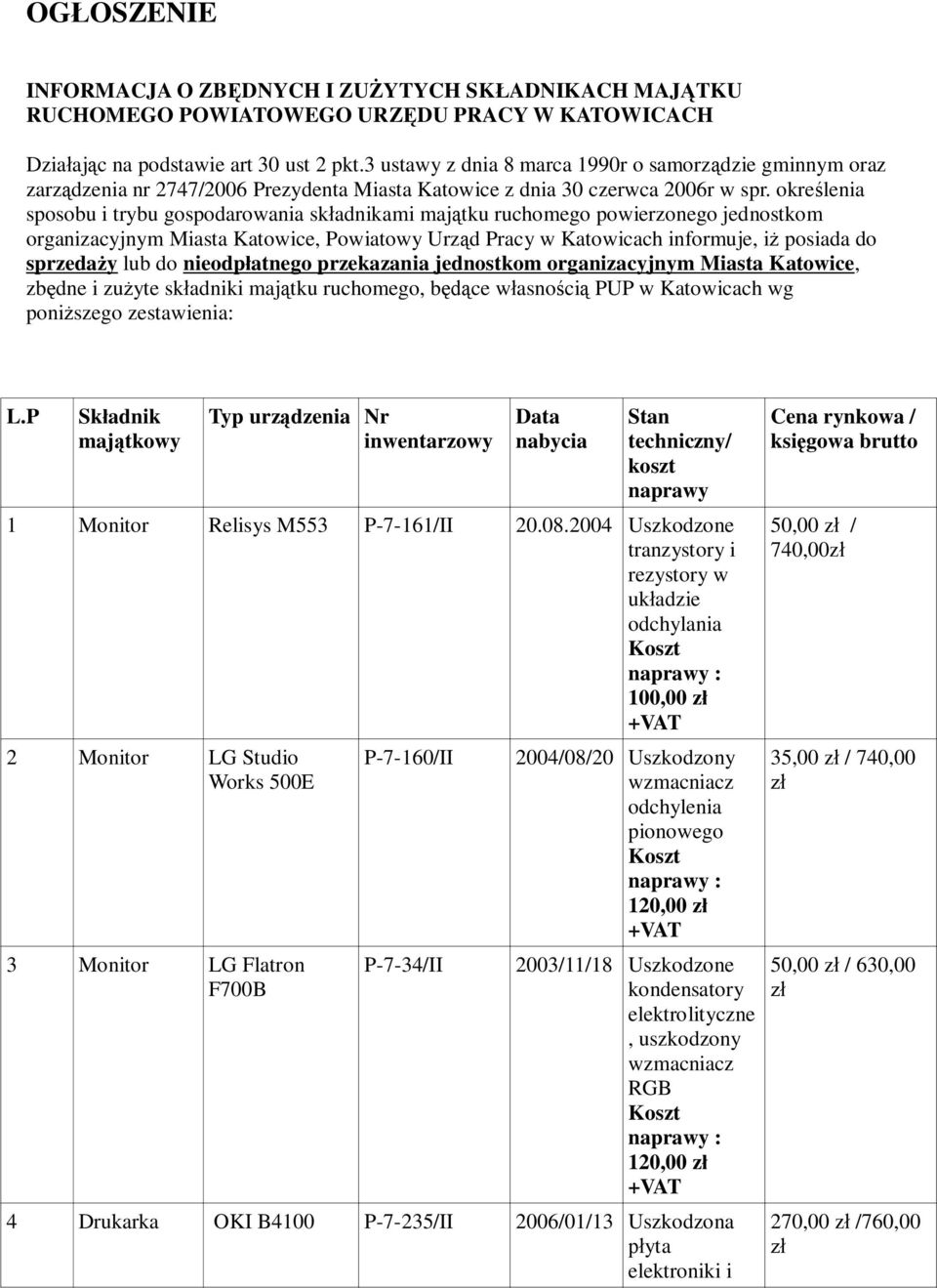 okre lenia sposobu i trybu gospodarowania sk adnikami maj tku ruchomego powierzonego jednostkom organizacyjnym Miasta Katowice, Powiatowy Urz d Pracy w Katowicach informuje, i posiada do sprzeda y