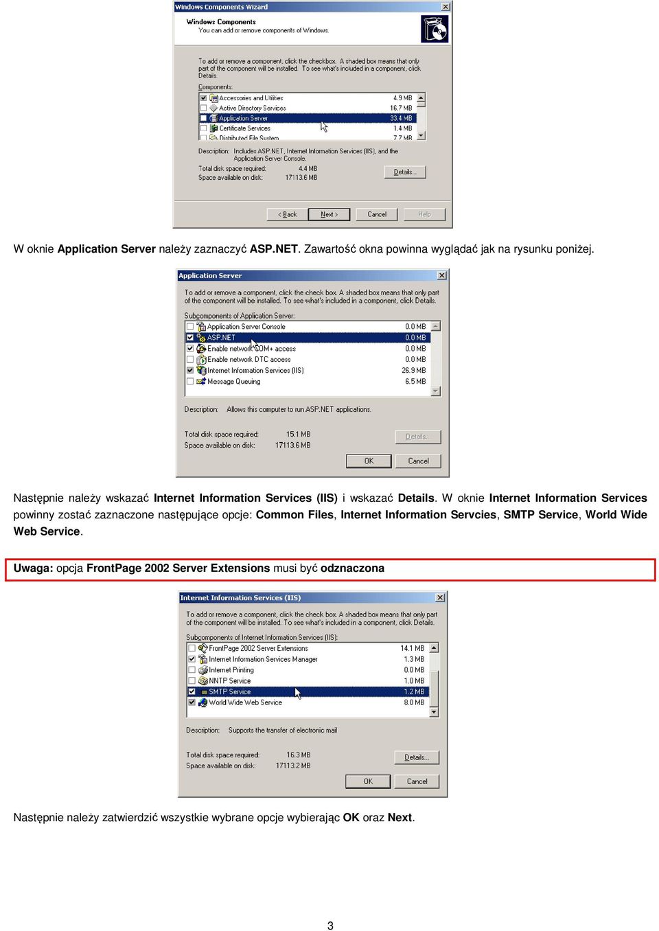 W oknie Internet Information Services powinny zostać zaznaczone następujące opcje: Common Files, Internet Information