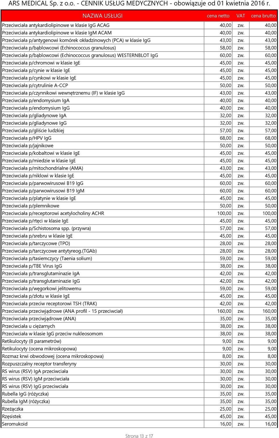 58,00 Przeciwciała p/bąblowcowi (Echinococcus granulosus) WESTERNBLOT IgG 60,00 zw. 60,00 Przeciwciała p/chromowi w klasie IgE 45,00 zw. 45,00 Przeciwciała p/cynie w klasie IgE 45,00 zw.