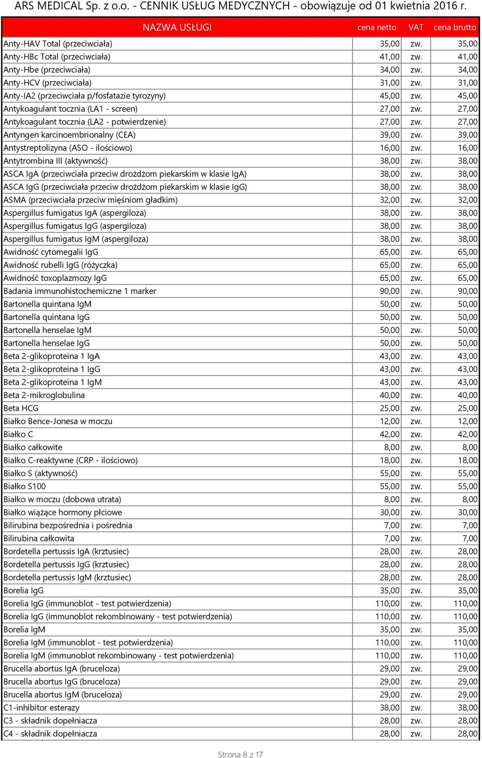 27,00 Antyngen karcinoembrionalny (CEA) 39,00 zw. 39,00 Antystreptolizyna (ASO - ilościowo) 16,00 zw. 16,00 Antytrombina III (aktywność) 38,00 zw.