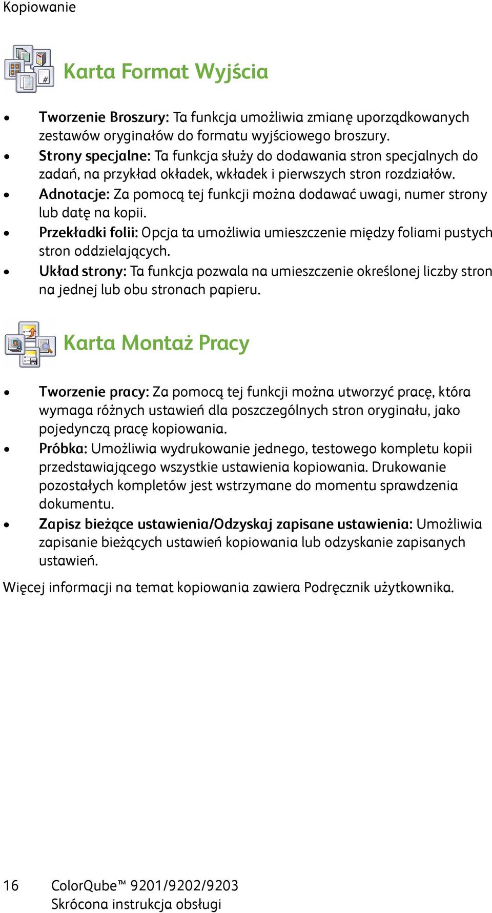 Adnotacje: Za pomocą tej funkcji można dodawać uwagi, numer strony lub datę na kopii. Przekładki folii: Opcja ta umożliwia umieszczenie między foliami pustych stron oddzielających.