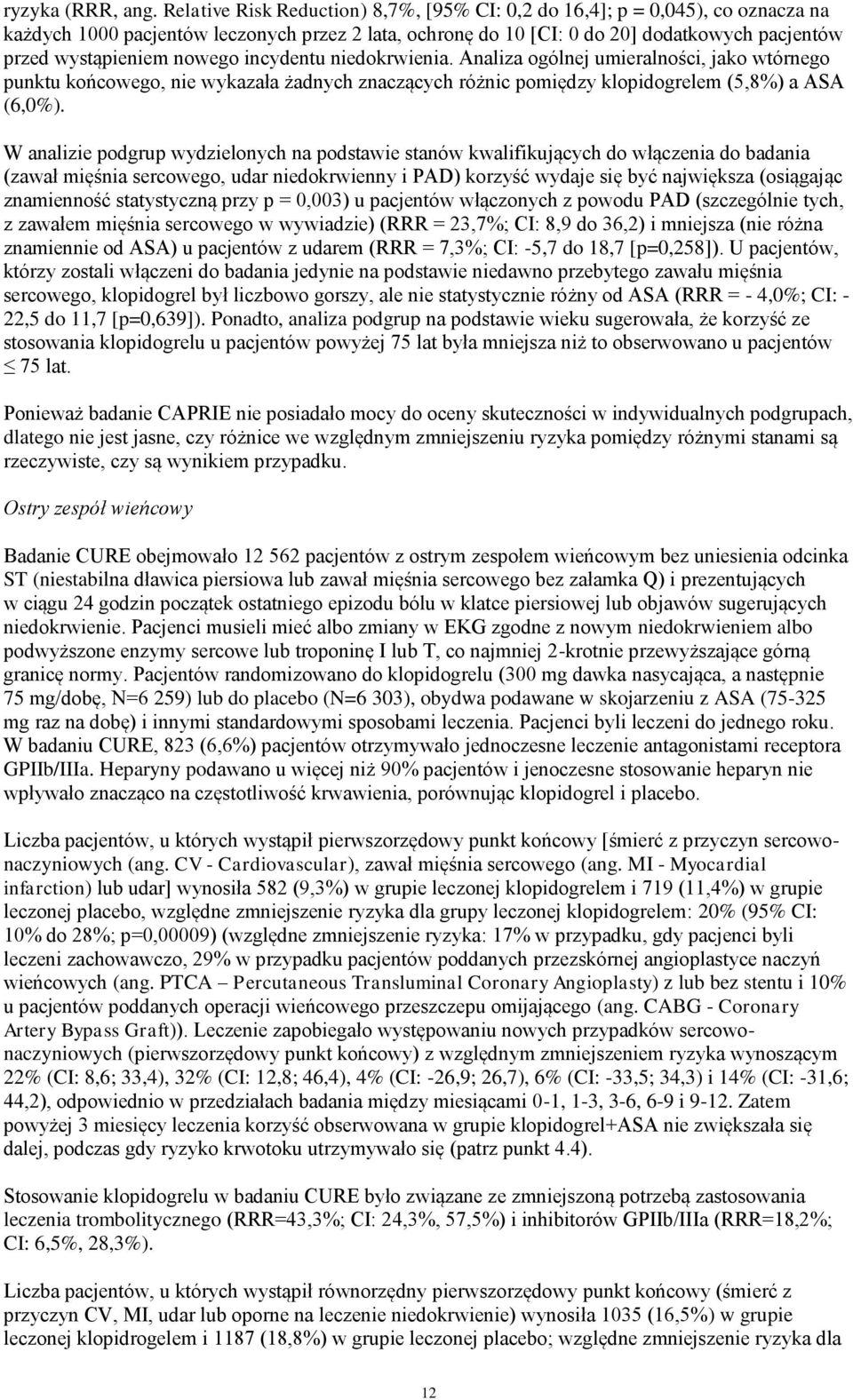 nowego incydentu niedokrwienia. Analiza ogólnej umieralności, jako wtórnego punktu końcowego, nie wykazała żadnych znaczących różnic pomiędzy klopidogrelem (5,8%) a ASA (6,0%).