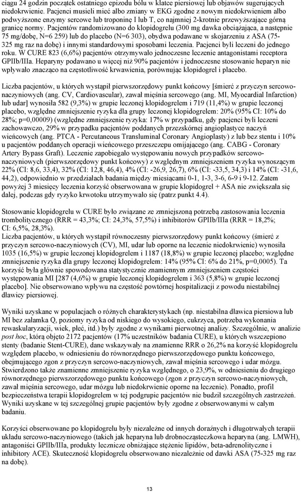 Pacjentów randomizowano do klopidogrelu (300 mg dawka obciążająca, a następnie 75 mg/dobę, N=6 259) lub do placebo (N=6 303), obydwa podawane w skojarzeniu z ASA (75-325 mg raz na dobę) i innymi