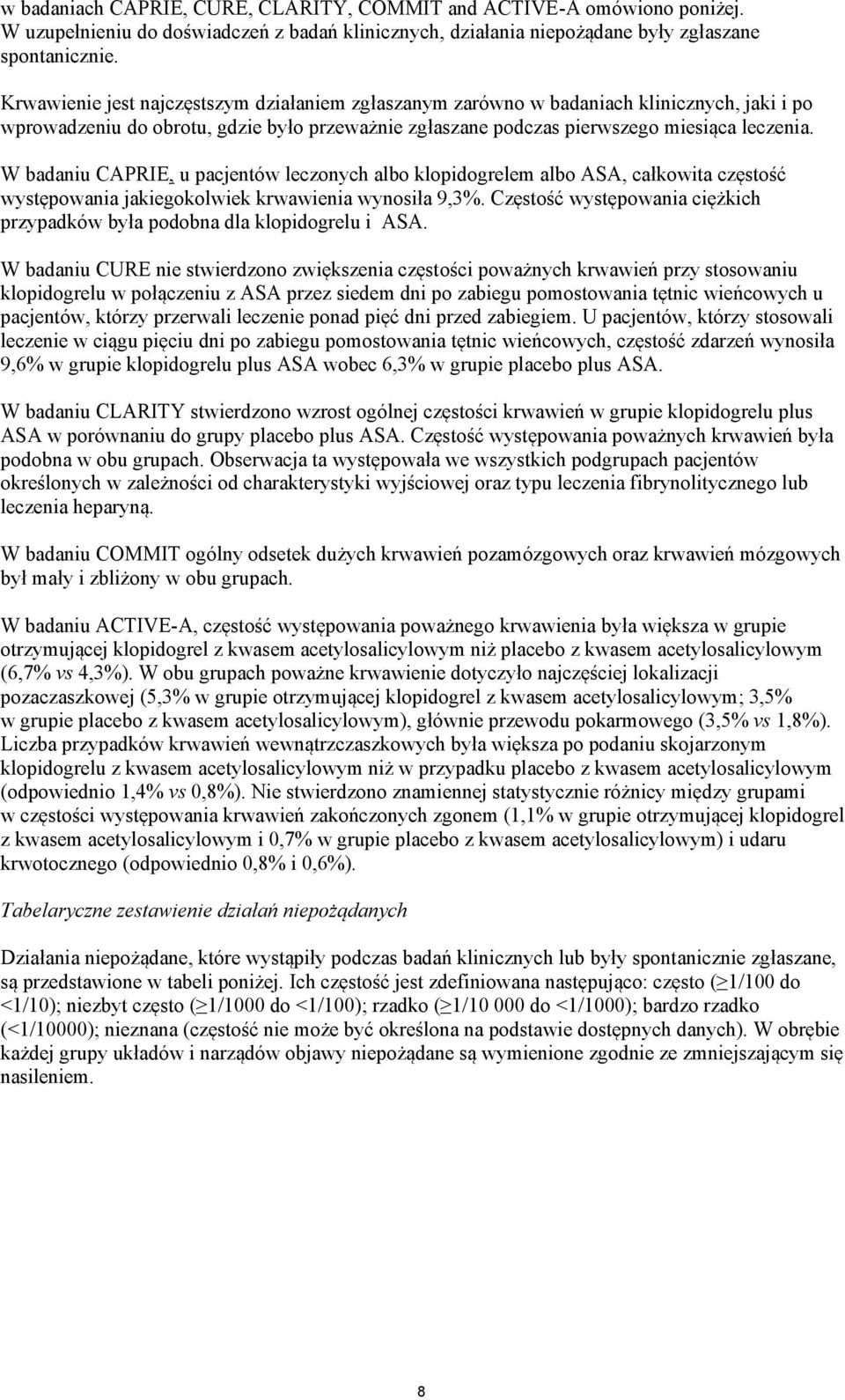 W badaniu CAPRIE, u pacjentów leczonych albo klopidogrelem albo ASA, całkowita częstość występowania jakiegokolwiek krwawienia wynosiła 9,3%.