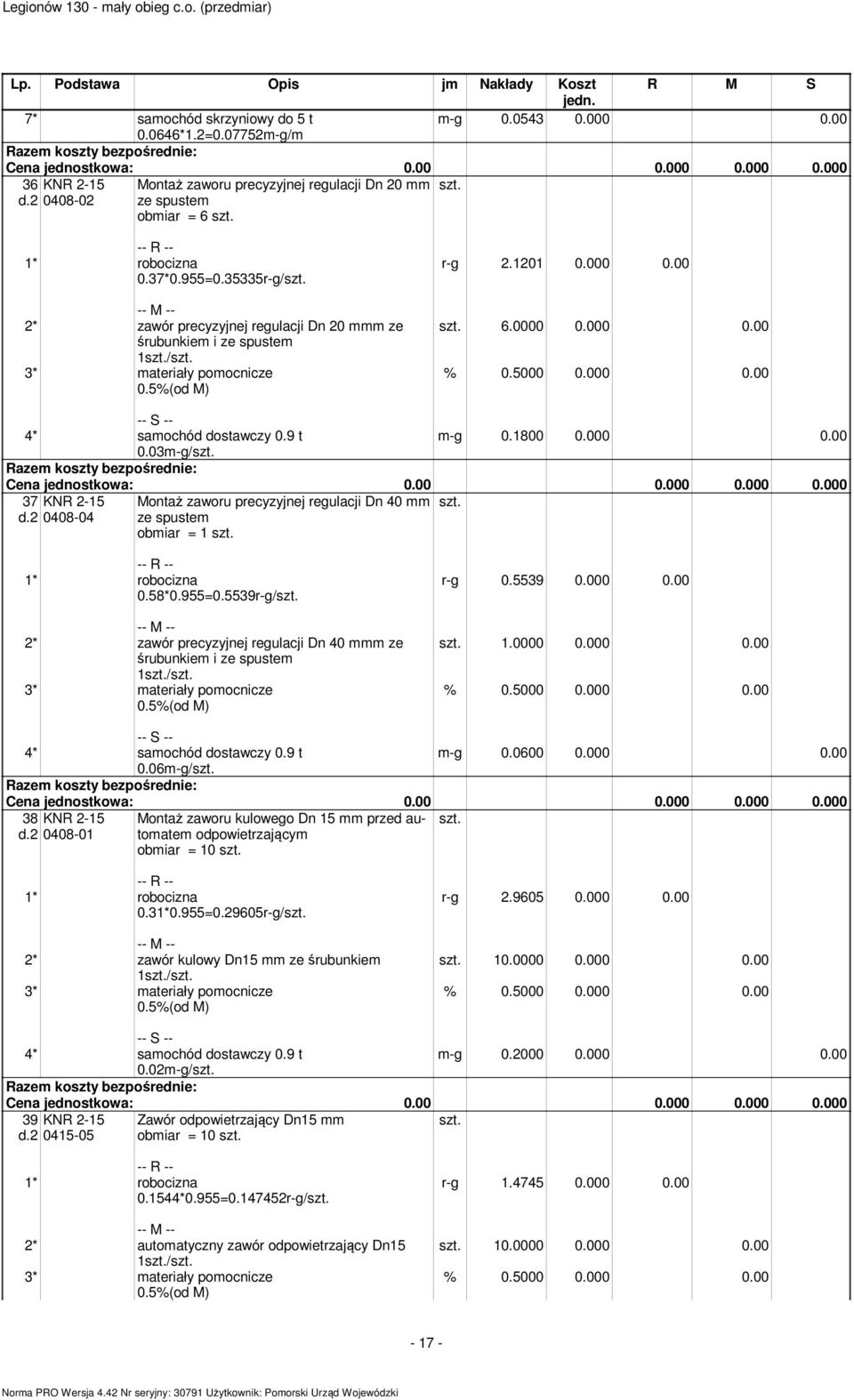 1201 0.000 0.00 6.0000 0.000 0.00 % 0.5000 0.000 0.00 4* saochód dostawczy 0.9 t 0.03-g/ -g 0.1800 0.000 0.00 37 KNR 2-15 d.2 0408-04 Montaż zaworu precyzyjnej regulacji Dn 40 ze spuste obiar = 1 0.