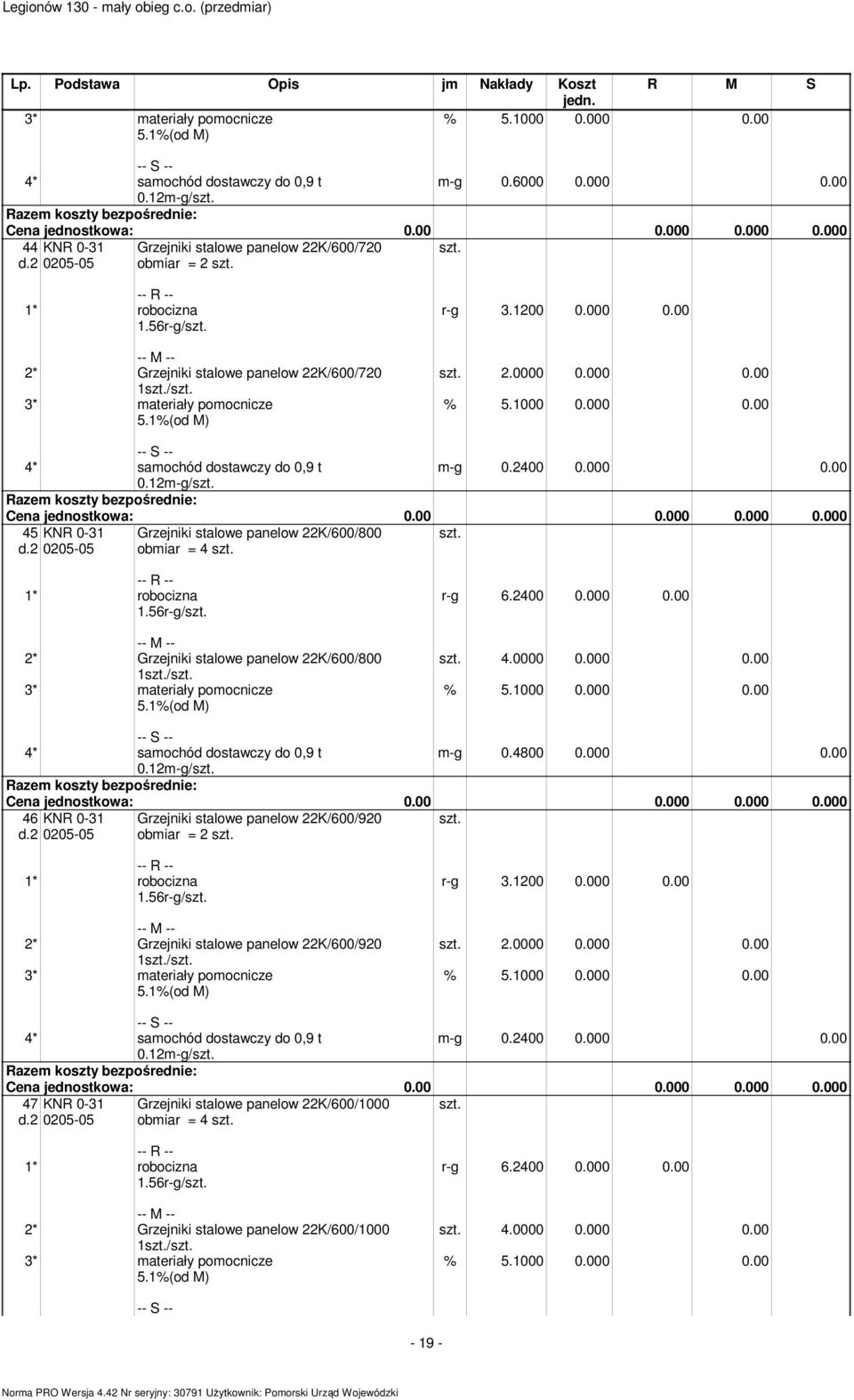 2400 0.000 0.00 0.12-g/ 45 KNR 0-31 d.2 0205-05 Grzejniki stalowe panelow 22K/600/800 obiar = 4 1.56r-g/ 2* Grzejniki stalowe panelow 22K/600/800 1/ 3* ateriały poocnicze r-g 6.2400 0.000 0.00 4.