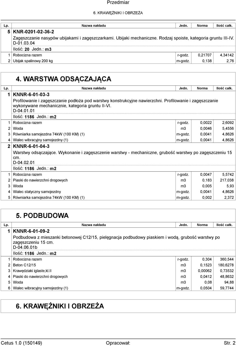 WARSTWA ODSĄCZAJĄCA 1 KNNR-6-01-03-3 Profilowanie i zagęszczanie podłoża pod warstwy konstrukcyjne nawierzchni. Profilowanie i zagęszczanie wykonywane mechanicznie, kategoria gruntu II-VI. D-04.01.01 Ilość: 1186 Jedn.