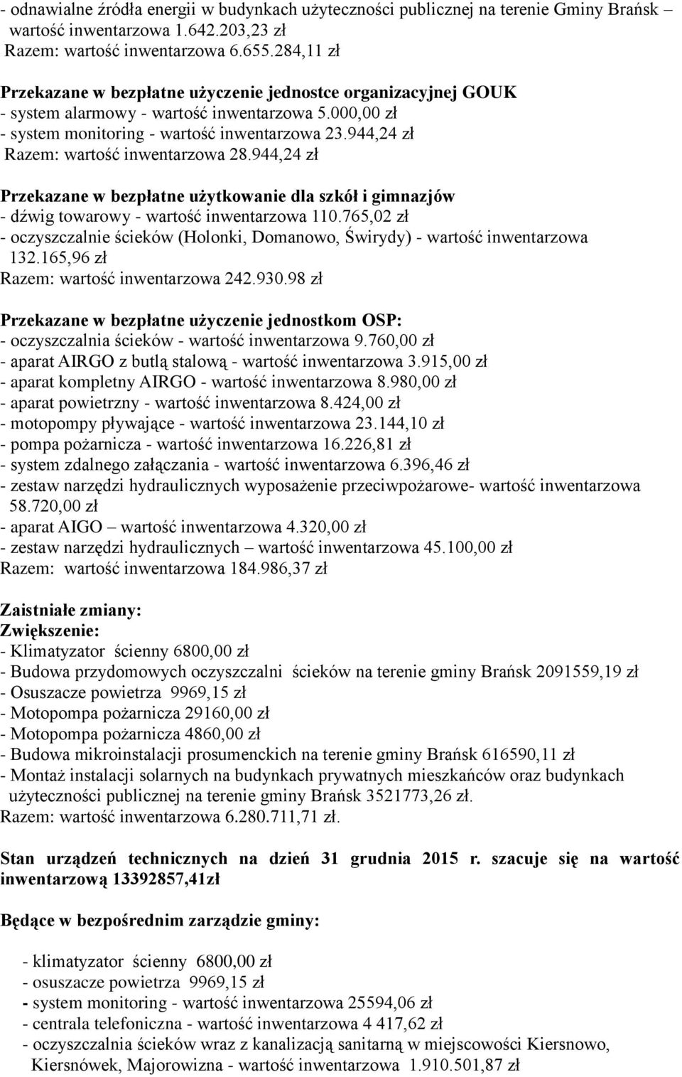 944,24 zł - dźwig towarowy - wartość inwentarzowa 110.765,02 zł - oczyszczalnie ścieków (Holonki, Domanowo, Świrydy) - wartość inwentarzowa 132.165,96 zł Razem: wartość inwentarzowa 242.930.