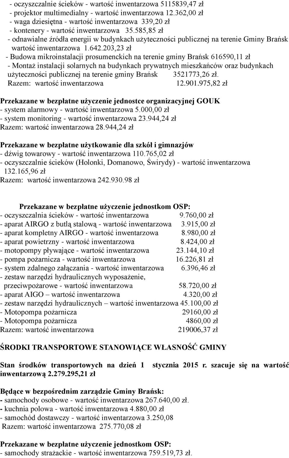 585,85 zł - odnawialne źródła energii w budynkach użyteczności publicznej na terenie Gminy Brańsk wartość inwentarzowa 1.642.