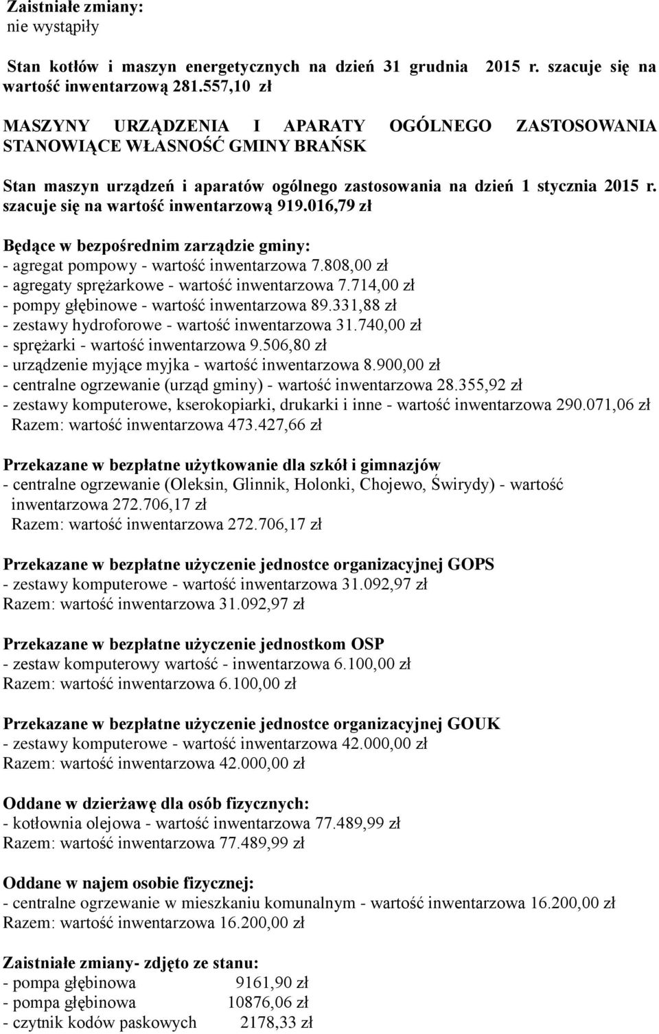 szacuje się na wartość inwentarzową 919.016,79 zł - agregat pompowy - wartość inwentarzowa 7.808,00 zł - agregaty sprężarkowe - wartość inwentarzowa 7.