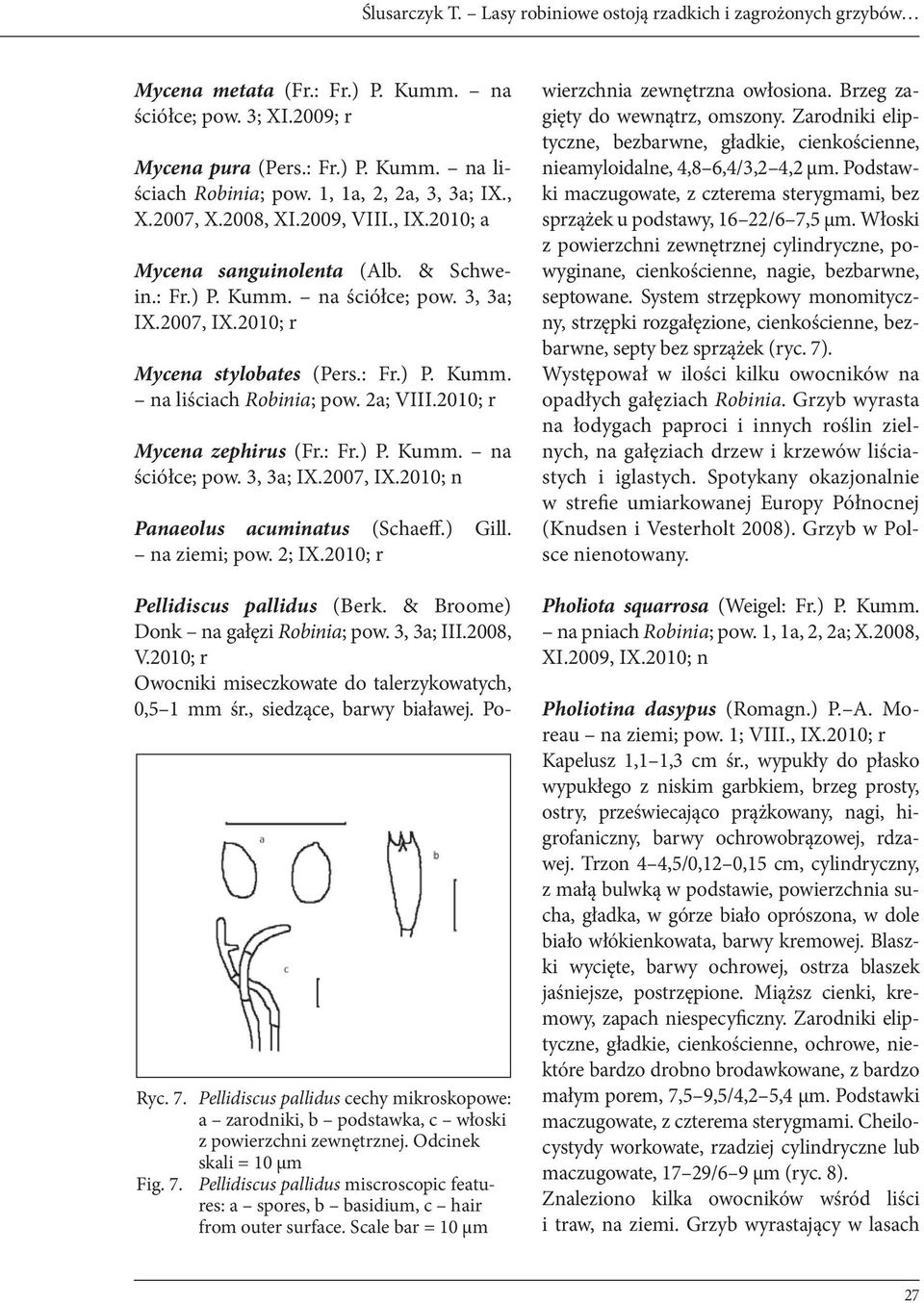 2a; VIII.2010; r Mycena zephirus (Fr.: Fr.) P. Kumm. na ściółce; pow. 3, 3a; IX.2007, IX.2010; n Panaeolus acuminatus (Schaeff.) Gill. na ziemi; pow. 2; IX.2010; r Ryc. 7.
