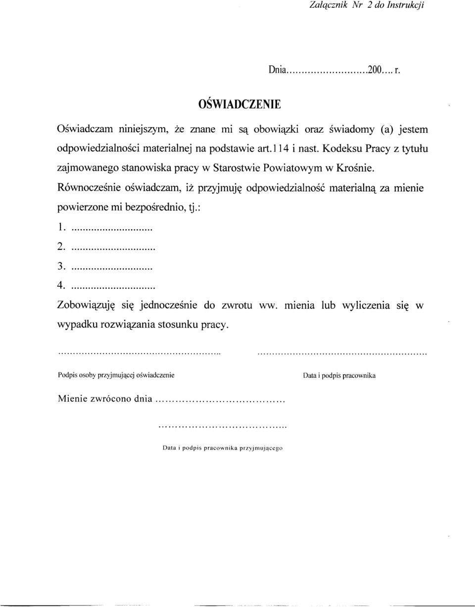 Kodeksu Pracy z tytułu zajmowanego stanowiska pracy w Starostwie Powiatowym w Krośnie.
