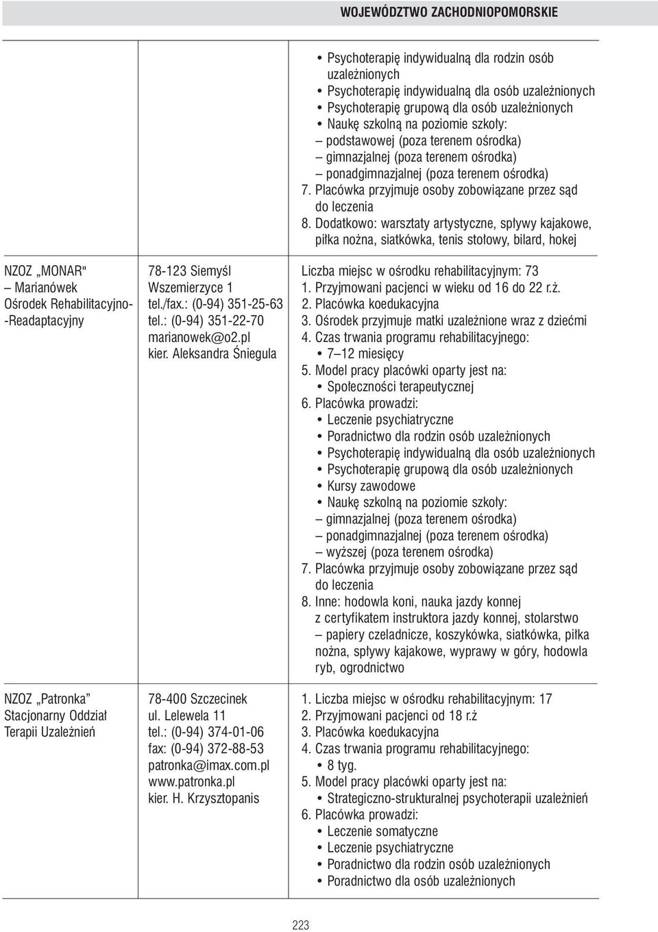 Dodatkowo: warsztaty artystyczne, sp ywy kajakowe, pi ka no na, siatkówka, tenis sto owy, bilard, hokej NZOZ MONAR" 78-123 SiemyÊl Liczba miejsc w oêrodku rehabilitacyjnym: 73 Marianówek Wszemierzyce