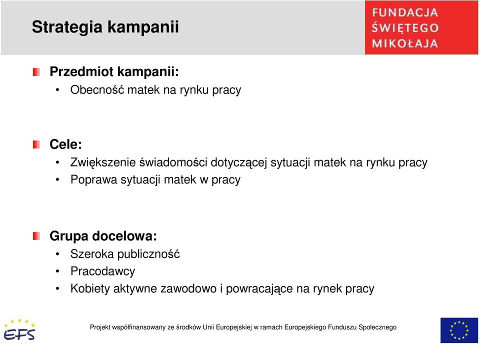 rynku pracy Poprawa sytuacji matek w pracy Grupa docelowa: Szeroka