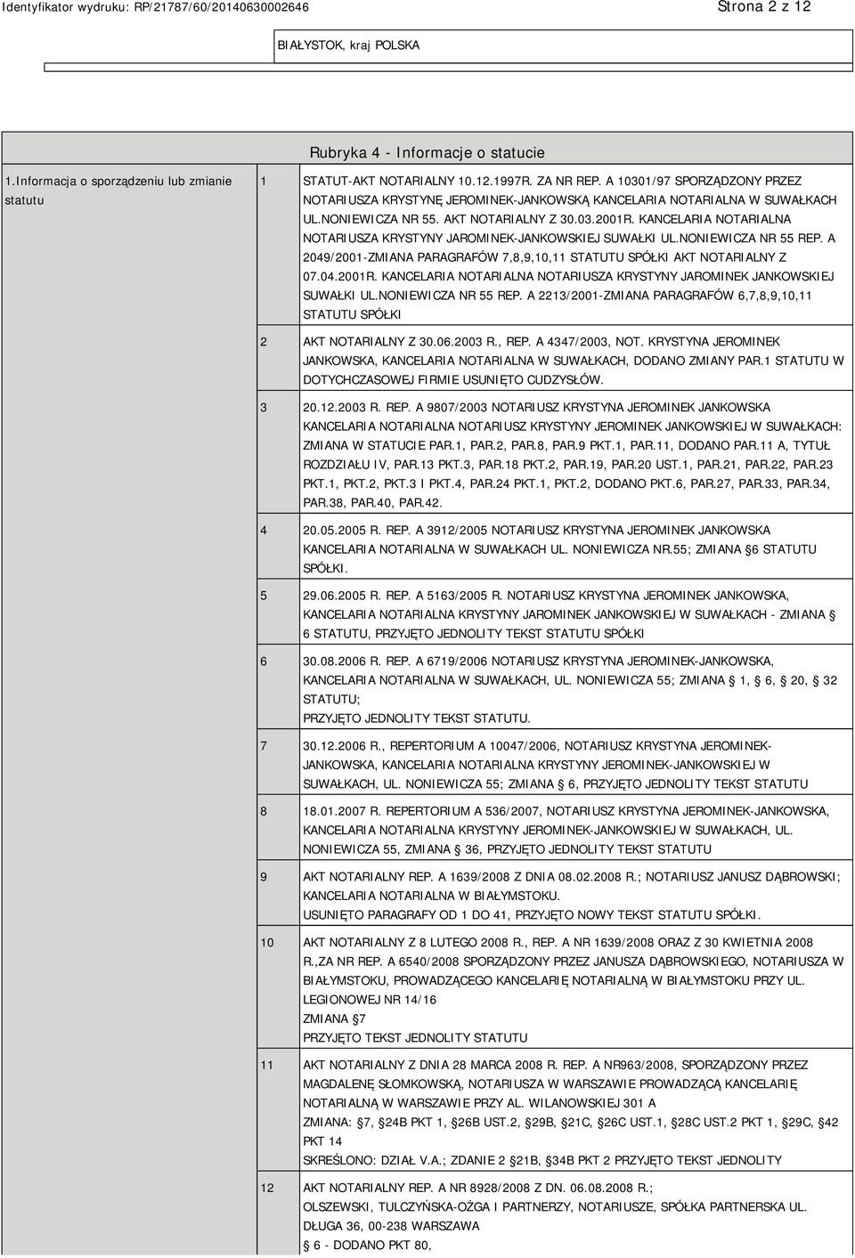 KANCELARIA NOTARIALNA NOTARIUSZA KRYSTYNY JAROMINEK-JANKOWSKIEJ SUWAŁKI UL.NONIEWICZA NR 55 REP. A 2049/2001-ZMIANA PARAGRAFÓW 7,8,9,10,11 STATUTU SPÓŁKI AKT NOTARIALNY Z 07.04.2001R.