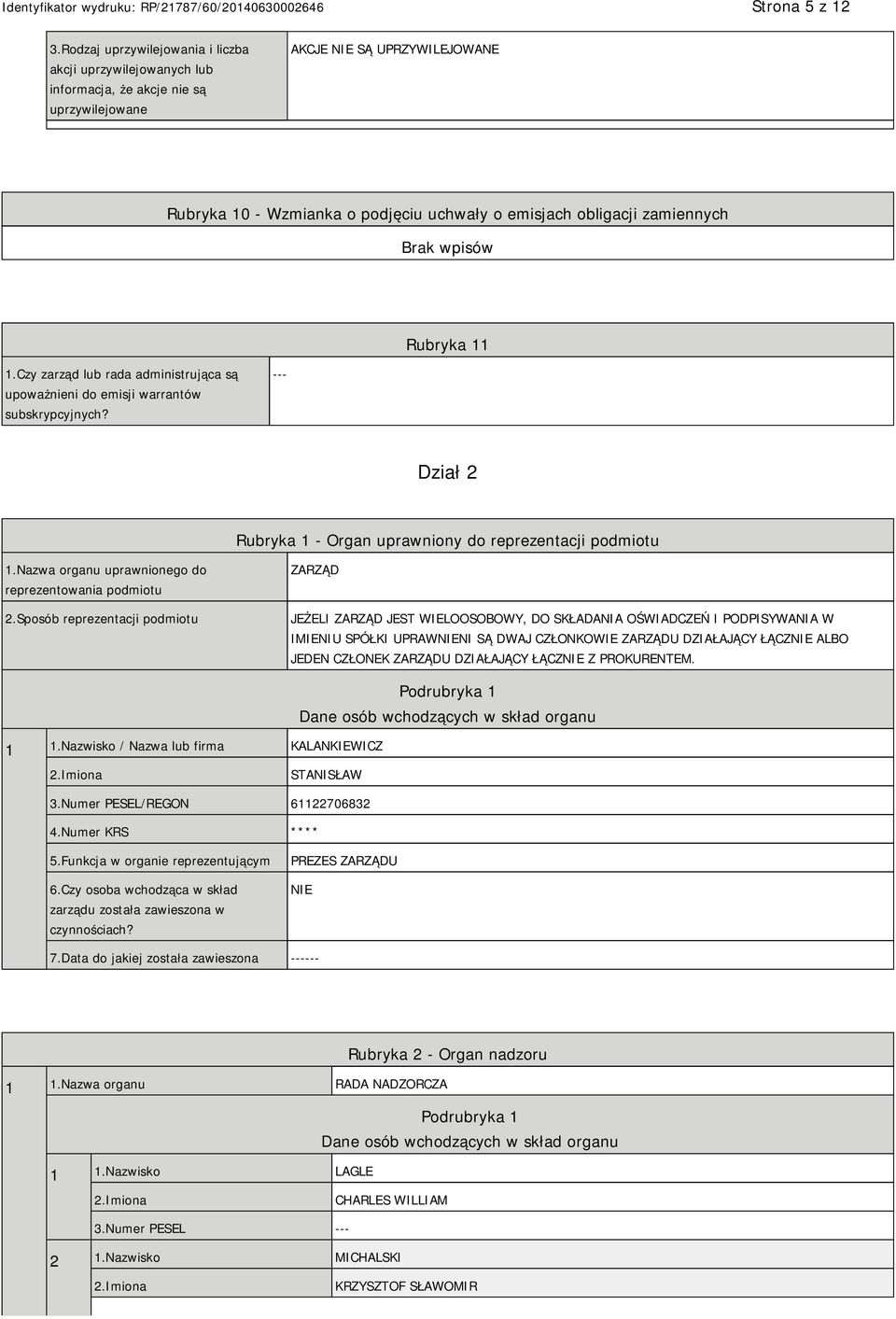 zamiennych Rubryka 11 1.Czy zarząd lub rada administrująca są upoważnieni do emisji warrantów subskrypcyjnych? --- Dział 2 Rubryka 1 - Organ uprawniony do reprezentacji podmiotu 1.