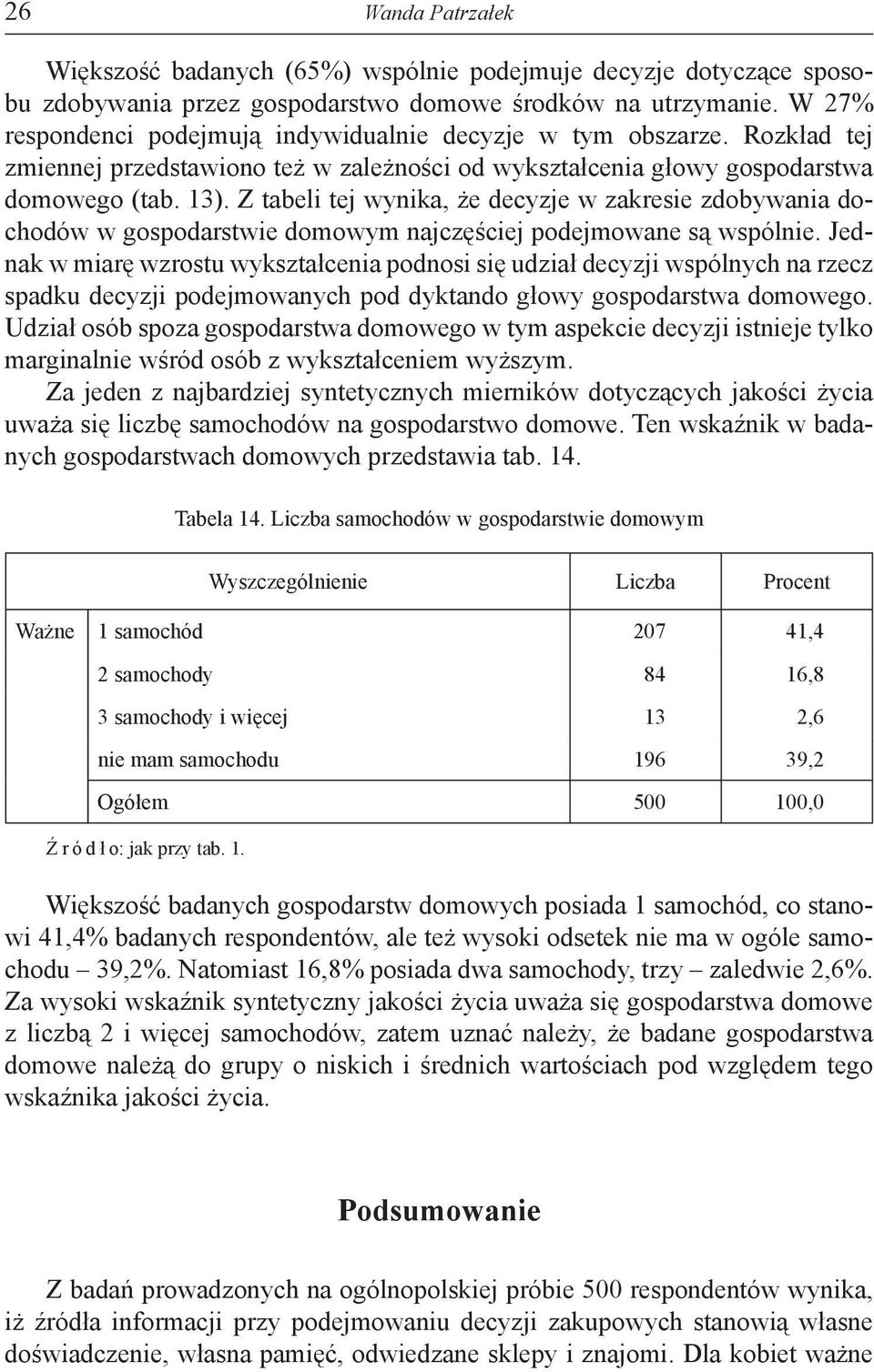 Z tabeli tej wynika, że decyzje w zakresie zdobywania dochodów w gospodarstwie domowym najczęściej podejmowane są wspólnie.