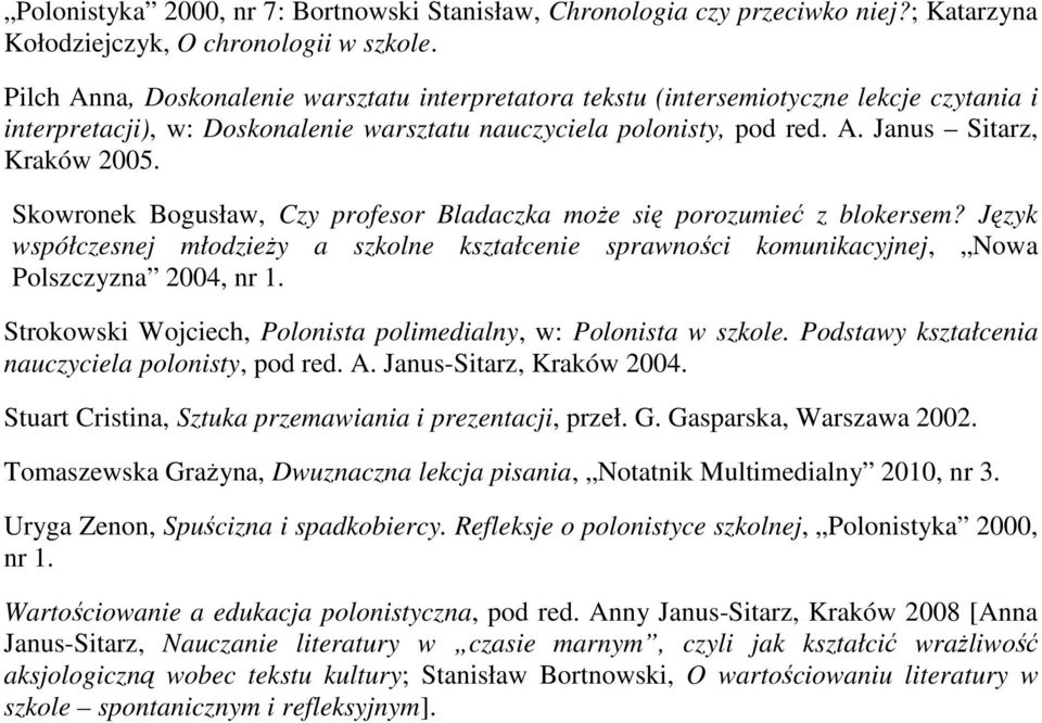 Skowronek Bogusław, Czy profesor Bladaczka może się porozumieć z blokersem? Język współczesnej młodzieży a szkolne kształcenie sprawności komunikacyjnej, Nowa Polszczyzna 2004, nr 1.