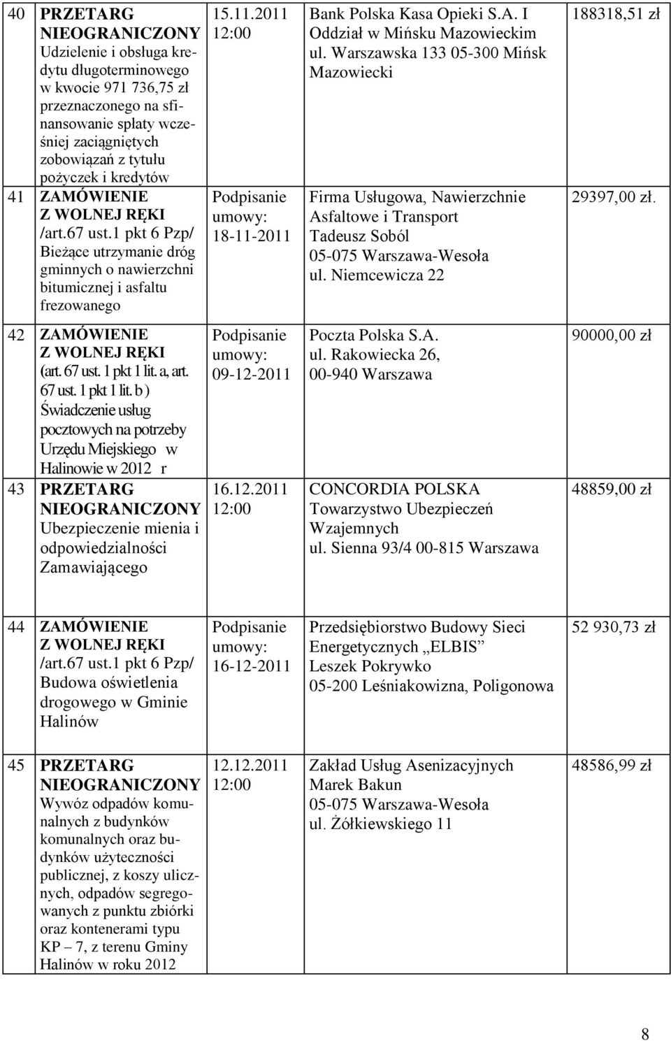 a, art. 67 ust. 1 pkt 1 lit. b ) Świadczenie usług pocztowych na potrzeby Urzędu Miejskiego w Halinowie w 2012 r 43 PRZETARG Ubezpieczenie mienia i odpowiedzialności Zamawiającego 15.11.