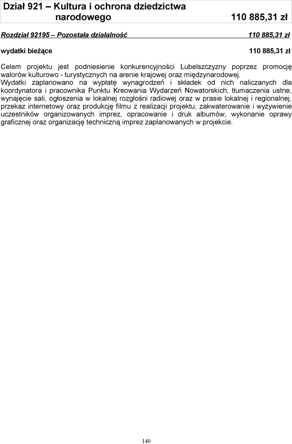 Wydatki zaplanowano na wypłatę wynagrodzeń i składek od nich naliczanych dla koordynatora i pracownika Punktu Kreowania Wydarzeń Nowatorskich, tłumaczenia ustne, wynajęcie sali, ogłoszenia w