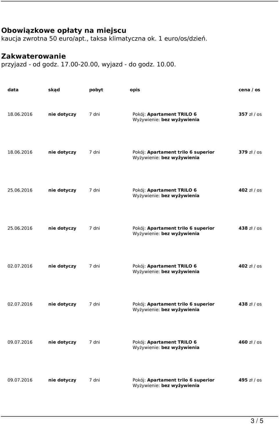 06.2016 nie dotyczy 7 dni Pokój: Apartament trilo 6 superior 438 zł / os 02.07.2016 nie dotyczy 7 dni Pokój: Apartament TRILO 6 02.07.2016 nie dotyczy 7 dni Pokój: Apartament trilo 6 superior 438 zł / os 09.