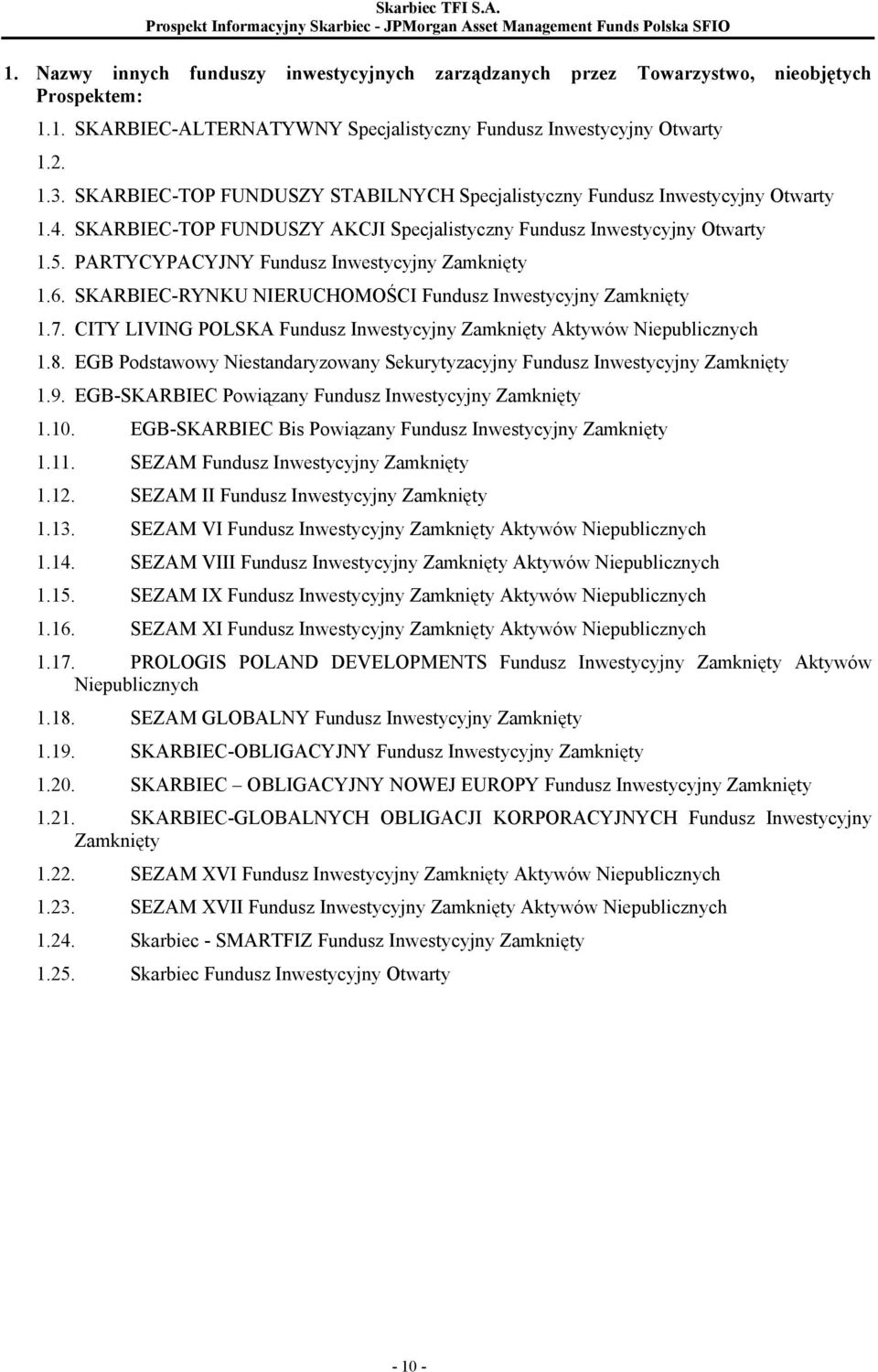 PARTYCYPACYJNY Fundusz Inwestycyjny Zamknięty 1.6. SKARBIEC-RYNKU NIERUCHOMOŚCI Fundusz Inwestycyjny Zamknięty 1.7. CITY LIVING POLSKA Fundusz Inwestycyjny Zamknięty Aktywów Niepublicznych 1.8.