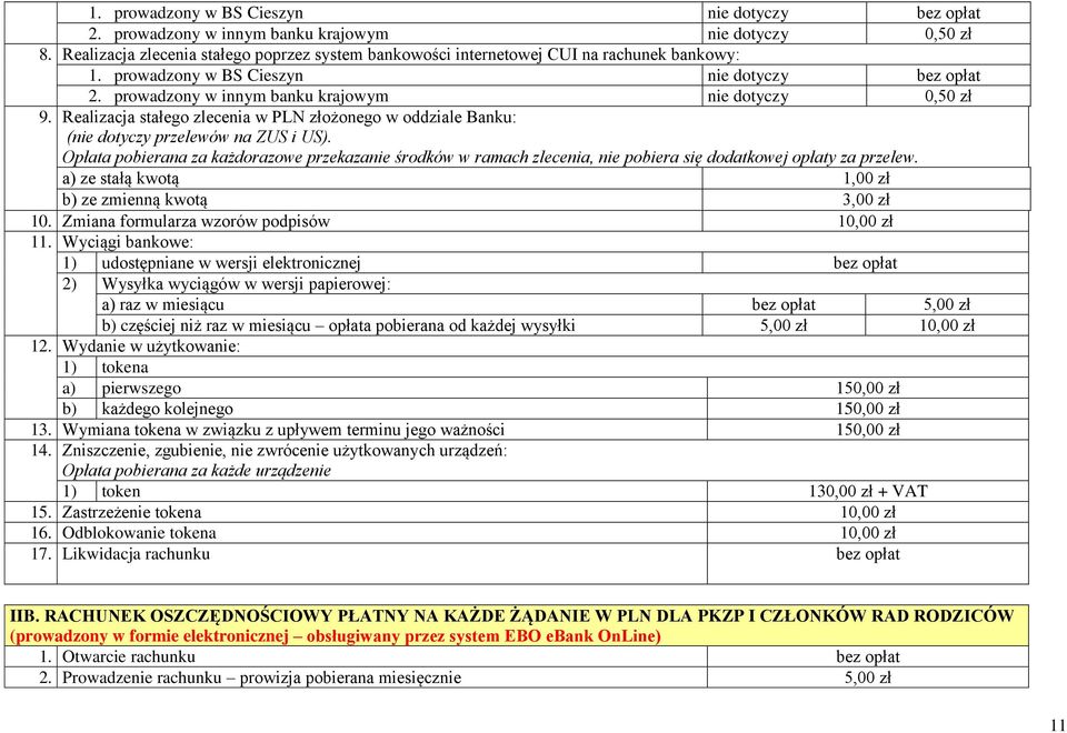 Realizacja stałego zlecenia w PLN złożonego w oddziale Banku: (nie dotyczy przelewów na ZUS i US).