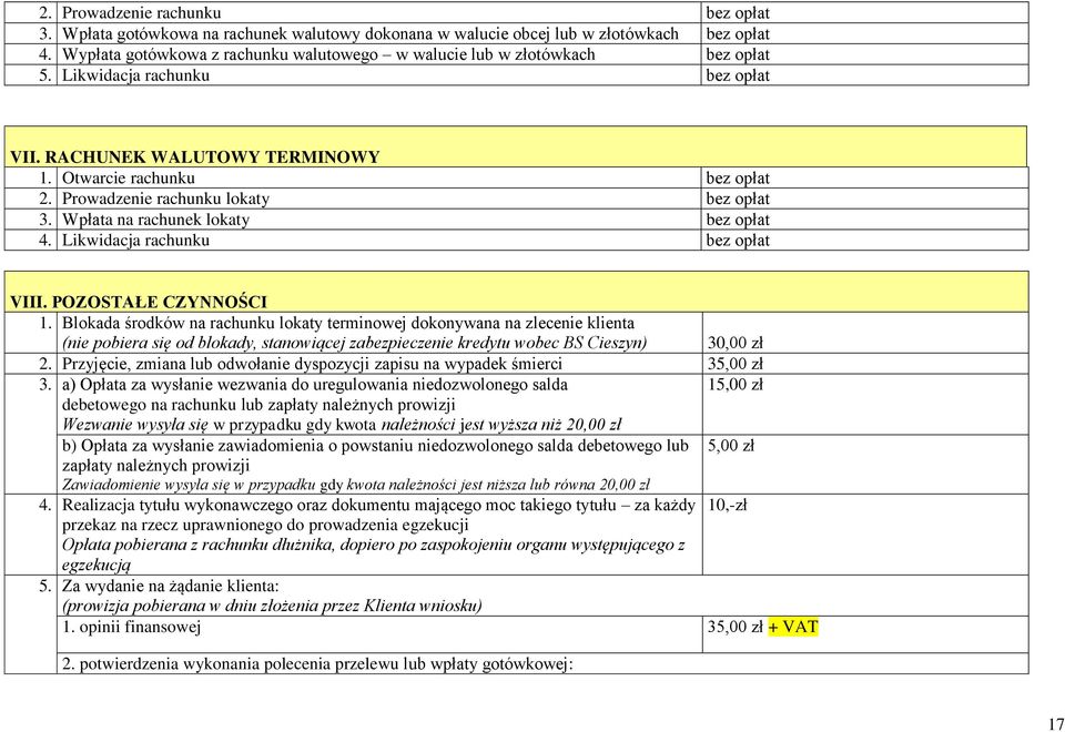Prowadzenie rachunku lokaty bez opłat 3. Wpłata na rachunek lokaty bez opłat 4. Likwidacja rachunku bez opłat VIII. POZOSTAŁE CZYNNOŚCI 1.