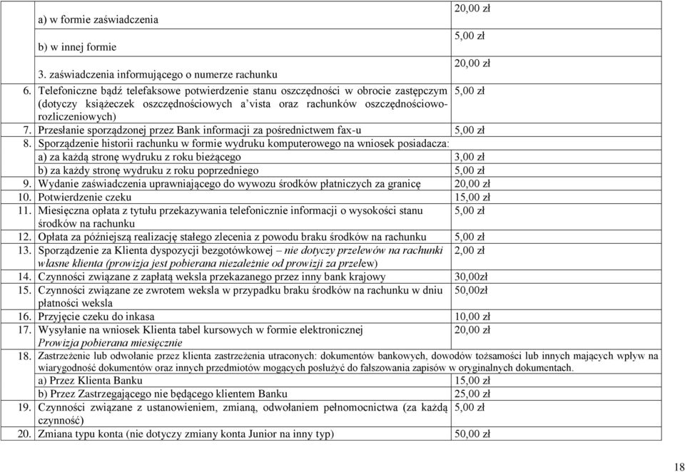 Przesłanie sporządzonej przez Bank informacji za pośrednictwem fax-u 5,00 zł 8.