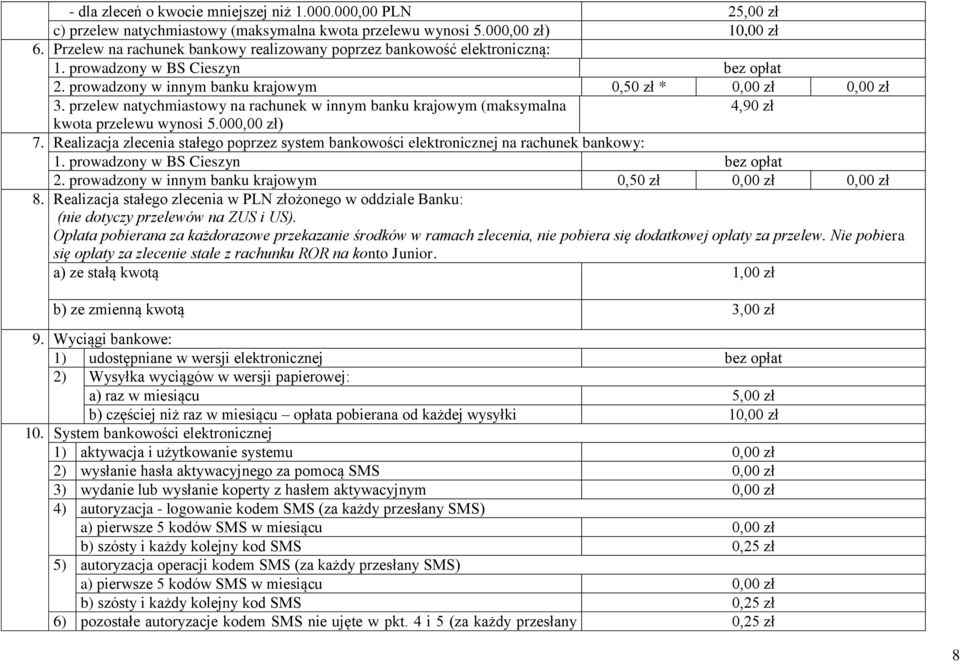 przelew natychmiastowy na rachunek w innym banku krajowym (maksymalna 4,90 zł kwota przelewu wynosi 5.000,00 zł) 7.