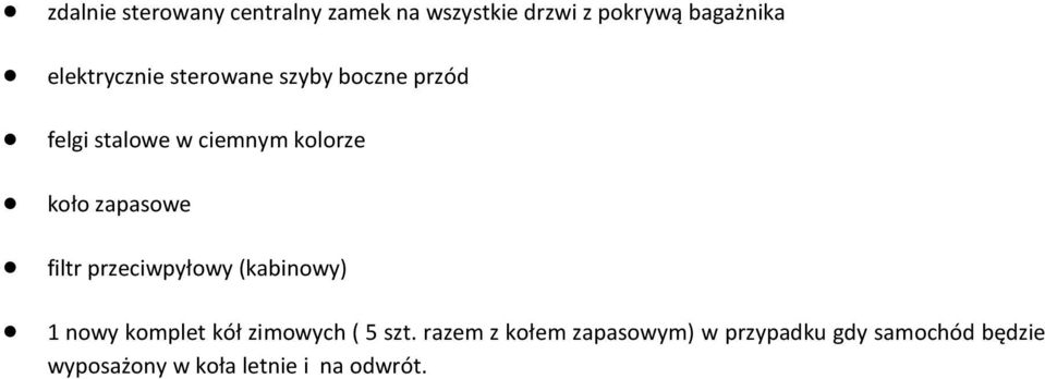 zapasowe filtr przeciwpyłowy (kabinowy) 1 nowy komplet kół zimowych ( 5 szt.