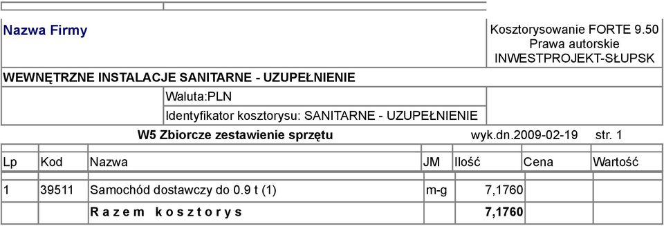 1 Lp Kod Nazwa JM Ilość Cena Wartość 1 39511