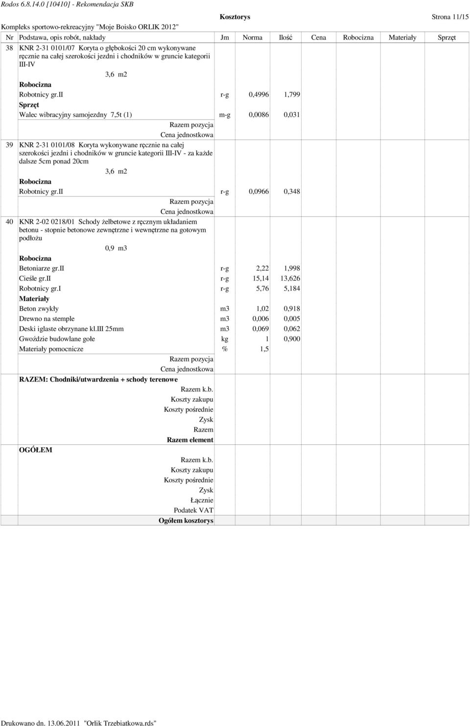 ii r-g 0,4996 1,799 Walec wibracyjny samojezdny 7,5t (1) m-g 0,0086 0,031 39 KNR 2-31 0101/08 Koryta wykonywane ręcznie na całej szerokości jezdni i chodników w gruncie kategorii III-IV - za każde