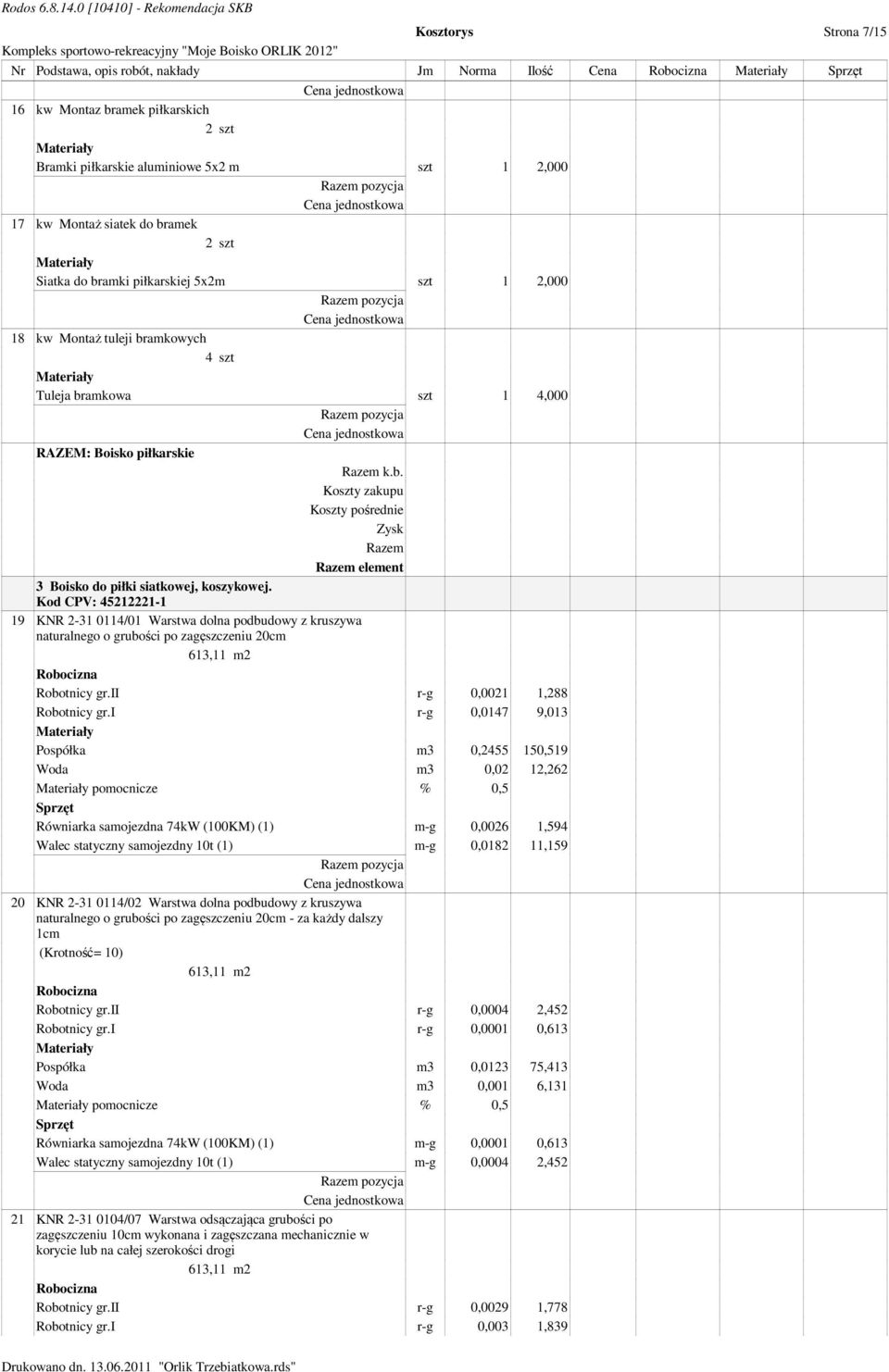 19 KNR 2-31 0114/01 Warstwa dolna podbudowy z kruszywa naturalnego o grubości po zagęszczeniu 20cm 613,11 m2 Robotnicy gr.ii r-g 0,0021 1,288 Robotnicy gr.