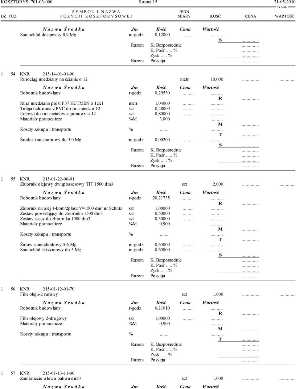 .. Środek transportowy do 5,0 Mg m-godz 0,00200.... 1 55 KNR 215-01-22-06-01 Zbiornik olejowy dwupłaszczowy TIT 1500 dm3 szt 2,000...... Robotnik budowlany r-godz 20,21735.