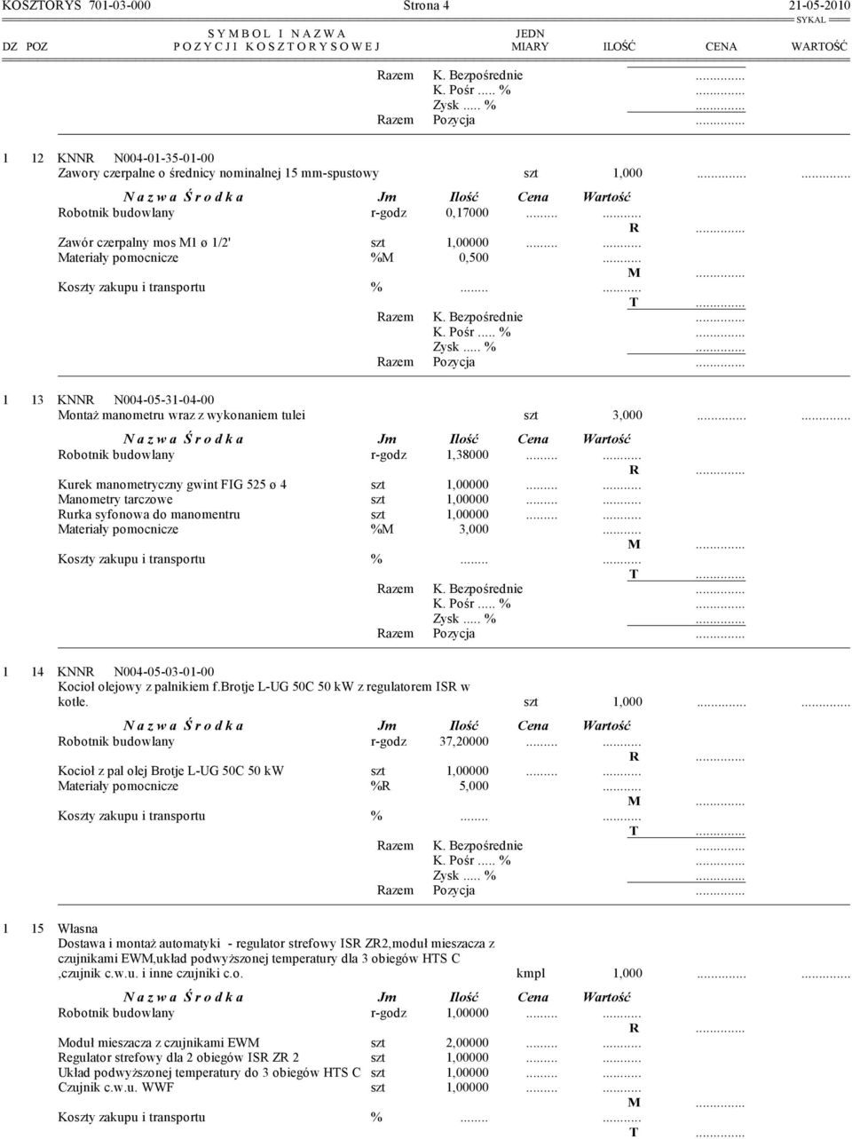 ... Kurek manometryczny gwint FIG 525 ø 4 szt 1,00000.... Manometry tarczowe szt 1,00000.... Rurka syfonowa do manomentru szt 1,00000.... Materiały pomocnicze %M 3,000.