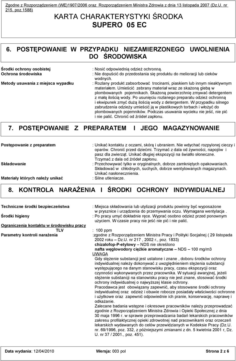 Umieścić zebrany materiał wraz ze skażoną glebą w plombowanych pojemnikach. Skażoną powierzchnię zmywać detergentem z małą ilością wody.