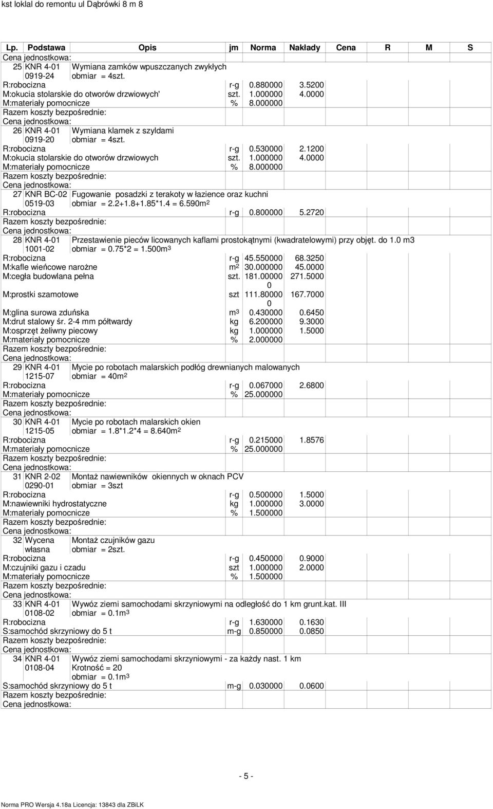 0000 M:materiały pomocnicze % 8.000000 27 KNR BC-02 0519-0 Fugowanie posadzki z terakoty w łazience oraz kuchni obmiar = 2.2+1.8+1.85*1.4 = 6.590m 2 R:robocizna r-g 0.800000 5.