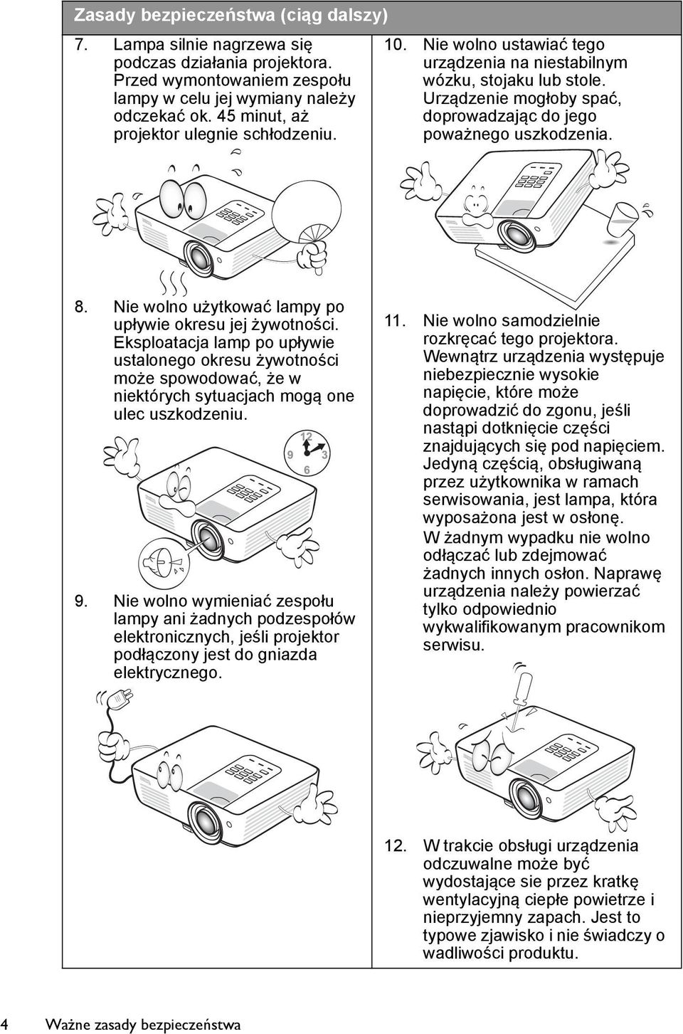 Nie wolno użytkować lampy po upływie okresu jej żywotności. Eksploatacja lamp po upływie ustalonego okresu żywotności może spowodować, że w niektórych sytuacjach mogą one ulec uszkodzeniu. 9.