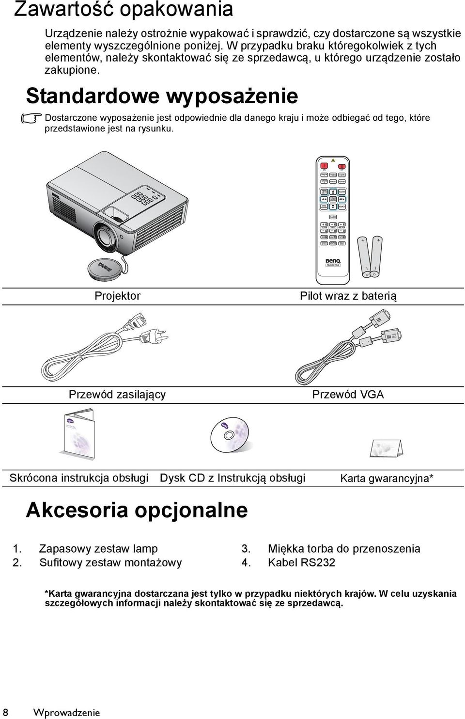 Standardowe wyposażenie Dostarczone wyposażenie jest odpowiednie dla danego kraju i może odbiegać od tego, które przedstawione jest na rysunku.