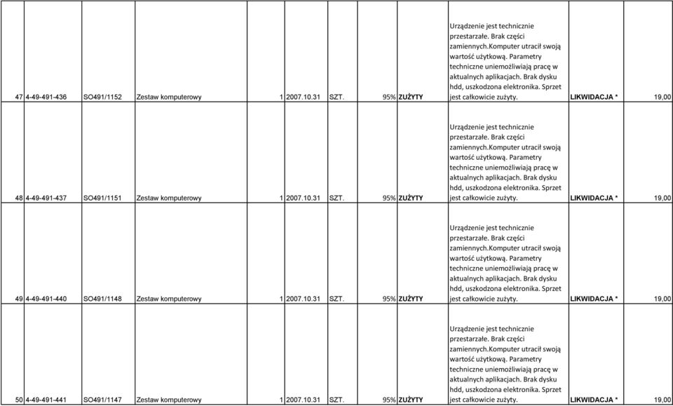 95% ZUŻYTY 49 4-49-491-440 SO491/1148 Zestaw komputerowy 1 2007.10.31 SZT.
