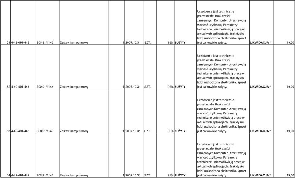 95% ZUŻYTY 53 4-49-491-445 SO491/1143 Zestaw komputerowy 1 2007.10.31 SZT.